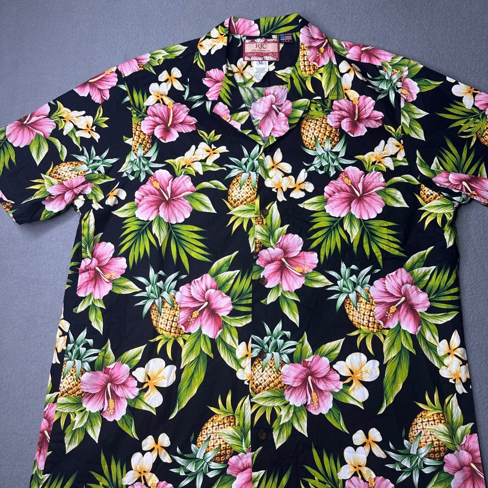 RJC Hawaiian Button Down Shirt Mens XL Black Pink Tropical Pineapple Hibiscus